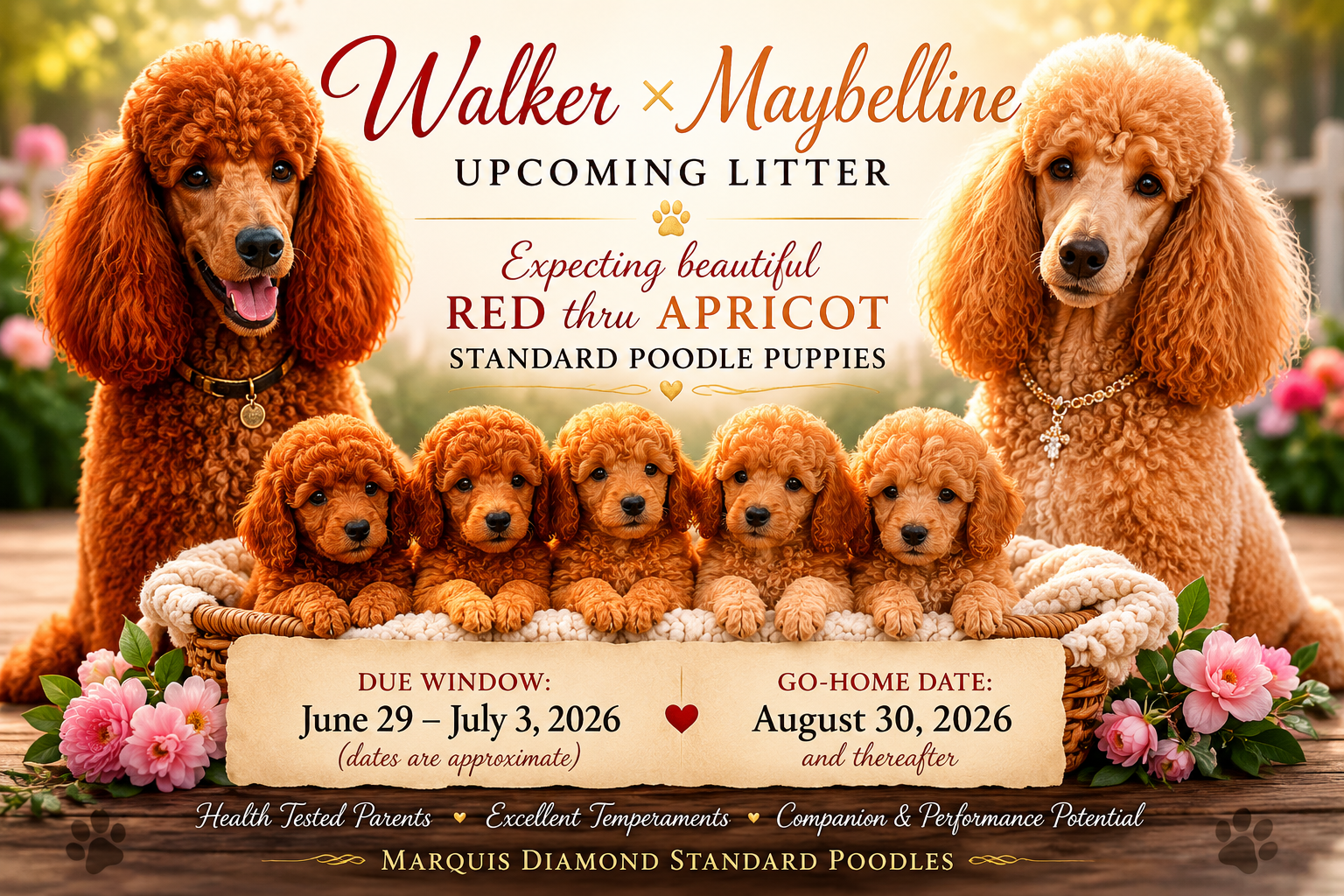 RED & APRICOT STANDARD POODLE LITTER (Walker × Maybelline) – UPCOMING 🐩✨